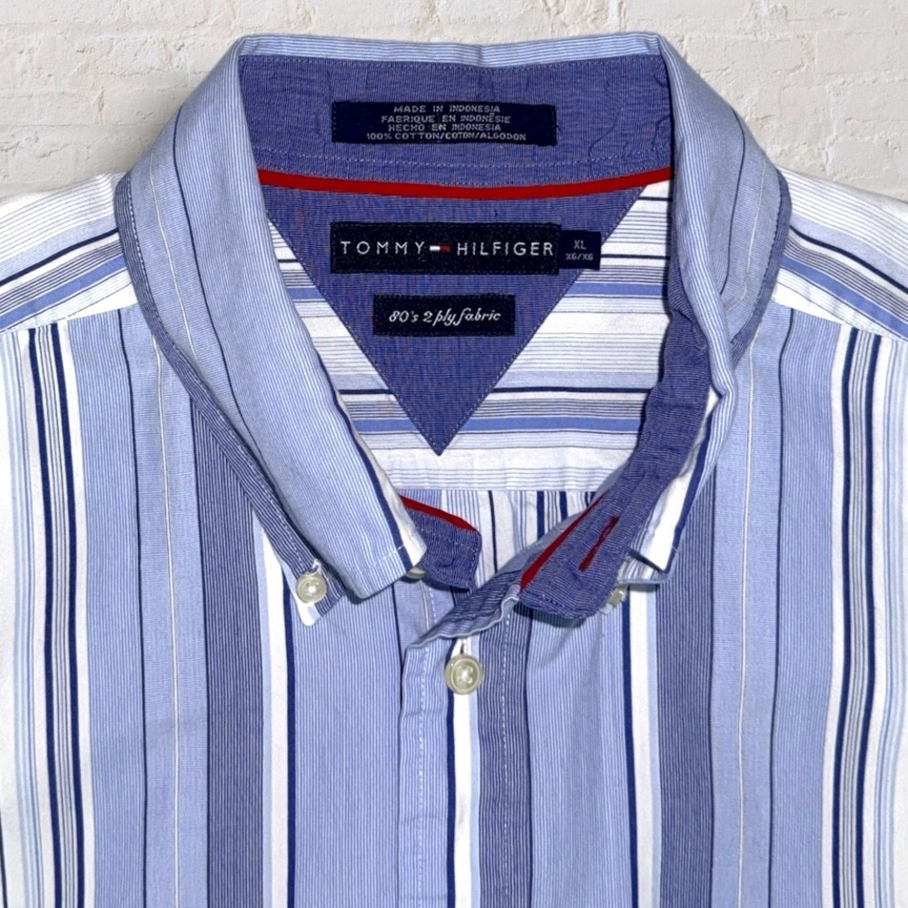 Tommy Hilfiger Striped Short Sleeve Button-Down Shirt XL Blue Cotton Casual